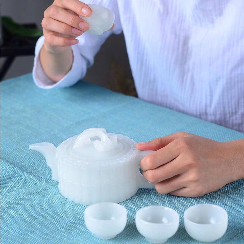 阿富汗白玉茶壶摆件白玉竹节壶茶具摆件玉饰品