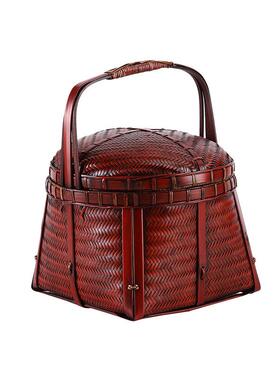 纯手工编提EJD篮复古水心筐茶具收竹纳篮果家用中式点带盖送餐篮