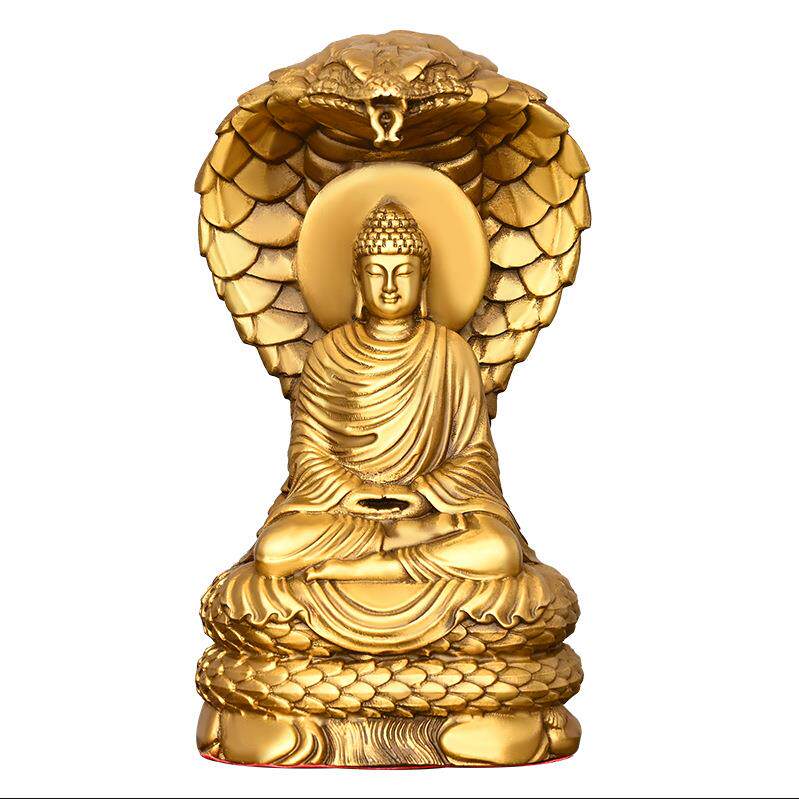 纯铜释迦牟尼摆件黄铜家用佛堂铜像蛇护佛陀释迦本师佛像工艺品