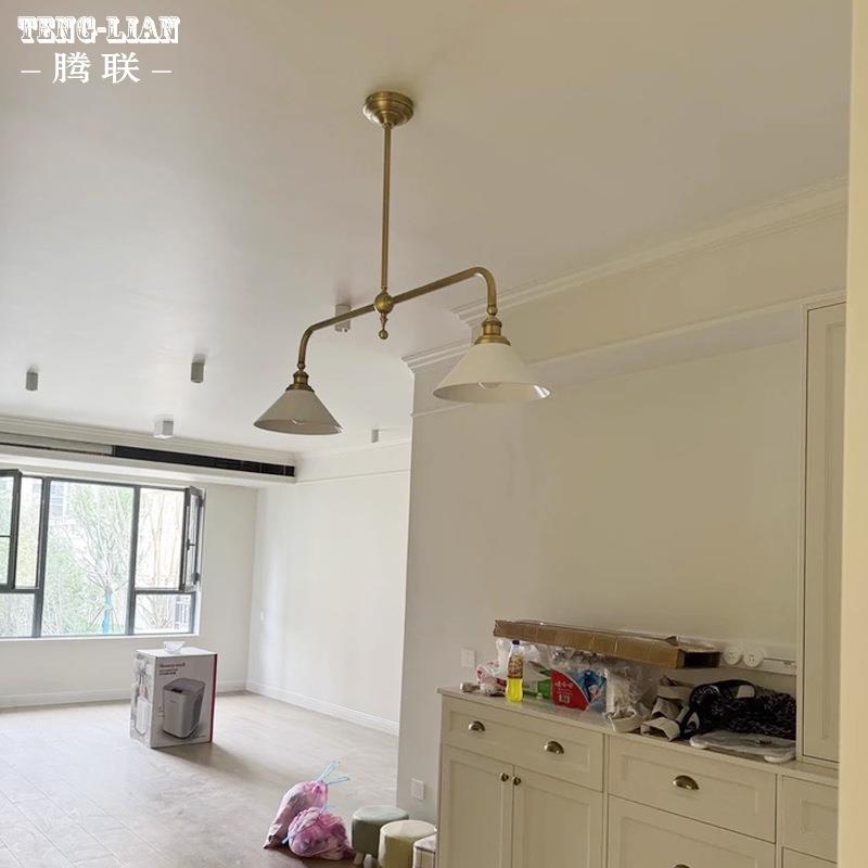美式简约吊灯双头长杆家用餐厅长桌全铜布罩吊灯出口欧美东南亚灯