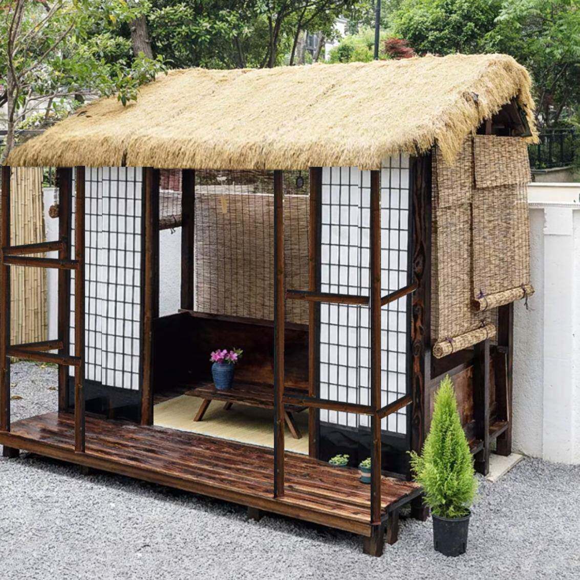 红茅草木外屋防腐木三角木屋景网实木日式庭院茶室农村造小院户茅