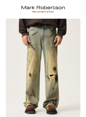 Mark Robertson25AW叙利亚风水洗喷漆刀割美式复古牛仔裤宽松百搭