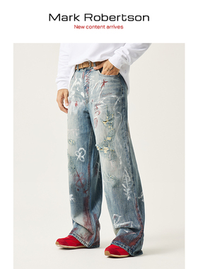 Mark Robertson手绘蓝色水洗做旧破坏补丁重工重磅牛仔裤休闲加厚