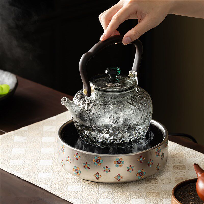 新款宝相花鎏钛银陶瓷电陶炉煮茶器茶炉煮茶壶家用纯钛烧水壶套装