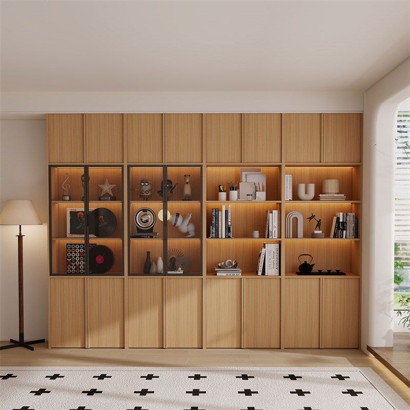 精选实木中古风落地书柜带玻璃门客厅家用储物边柜一体组合展示柜,住宅家具,单个书柜,淘宝优惠券,粉丝福利购,淘宝优惠卷