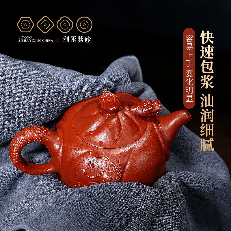 百年利永 宜兴原矿紫砂壶纯手工茶具泡茶壶套装朱泥鱼化龙200ml
