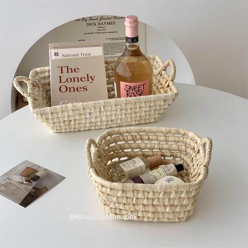 田园风玉米皮手工编织收纳篮桌面零食杂物篮子手提收纳筐置物篮