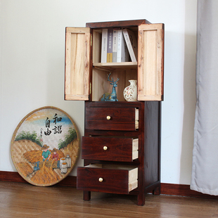精选香樟木窄柜子客厅收纳柜中式实木小斗柜带抽屉带门边角柜储物