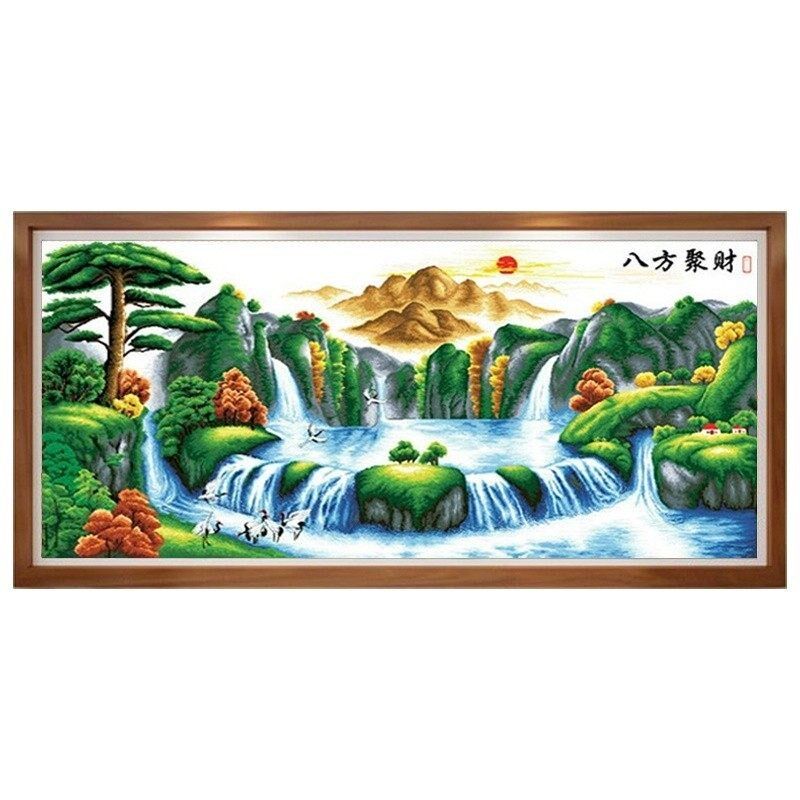 纯手工十字绣成品八方聚财聚宝盆迎客松大幅绣好的客厅挂画出售