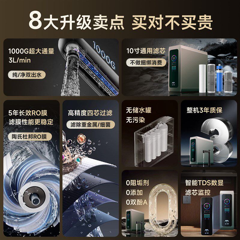 宝息净水器陶氏杜邦RO膜1000G母婴厨下式大流量家用净水机0阻垢剂