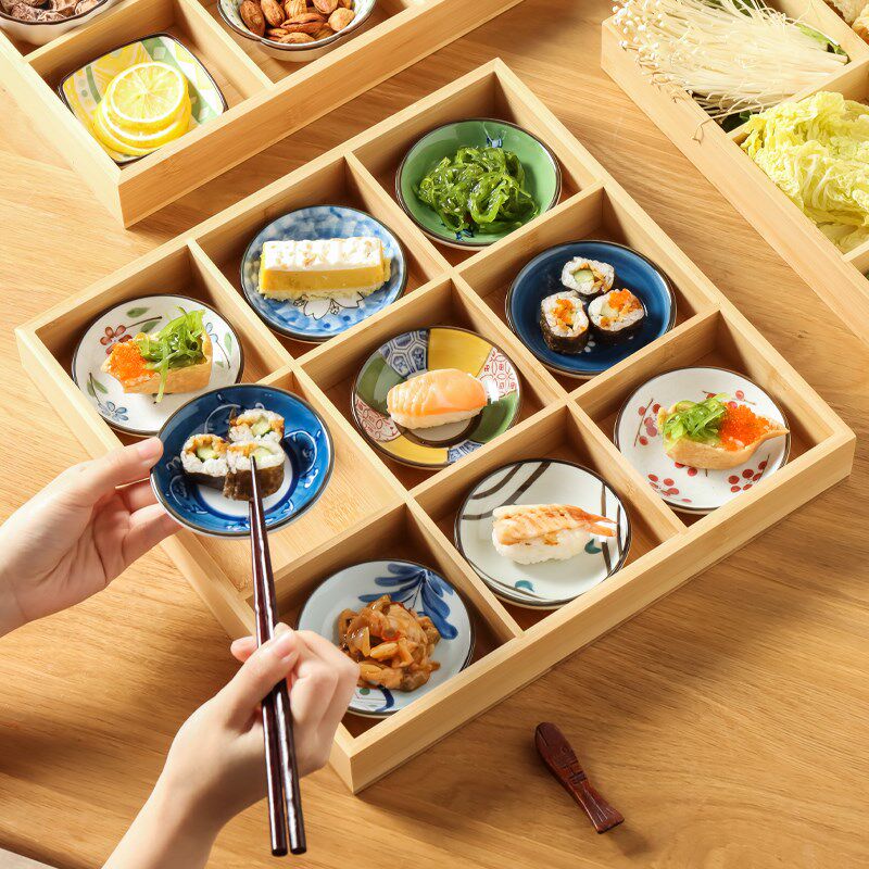 川岛屋九宫格托盘火锅格子竹木配菜盘拼盘餐具茶点心盒干水果盘子