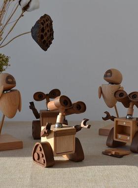 瓦力伊娃实木桌面摆件创意可爱原木装饰玩偶情侣新婚礼品节日礼物