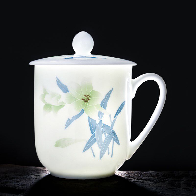 醴陵手绘办公茶杯陶瓷单个带盖把手会议水杯子非骨瓷杯礼品定制