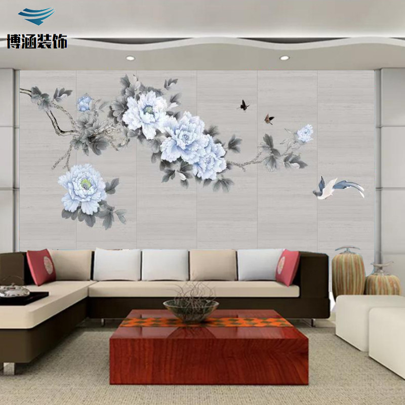 新中式牡丹刺绣硬包背景墙电视卧室床头沙发独绣壁画软装软包装饰