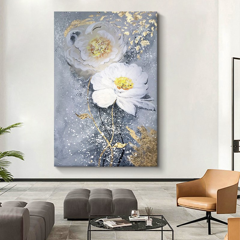 花开富贵手绘油画大芬村客厅抽象白牡丹花卉装饰画玄关高级感挂画