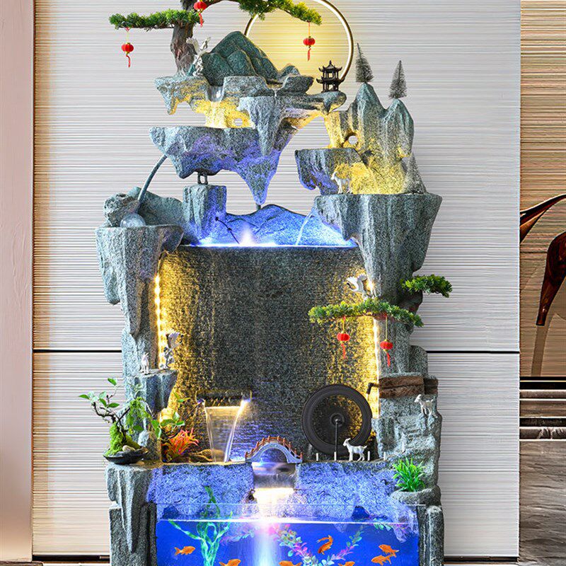 大型假山流水喷泉摆件水车养鱼池客厅室内招财高山水盆景叠水瀑布