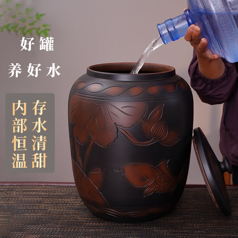 陶瓷水缸家用储水中式泡茶桌纯净水桶厨房老师土陶饮用抽水桶带盖
