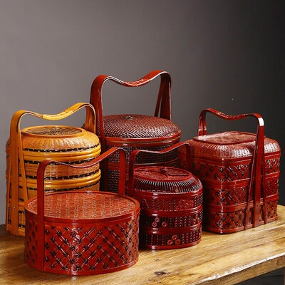 月饼礼品篮结婚食盒篮s复古特色竹编手提篮红色竹制收纳篮
