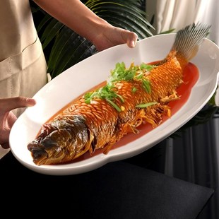 鱼盘子大号16寸陶瓷超大号鱼盘纯白家J用骨瓷鱼盘蒸鱼盘子商用