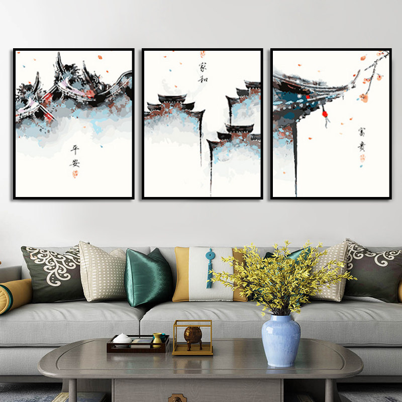 diy数字油画油彩画 三联三拼画手绘填色L客厅人物风景花卉装饰画