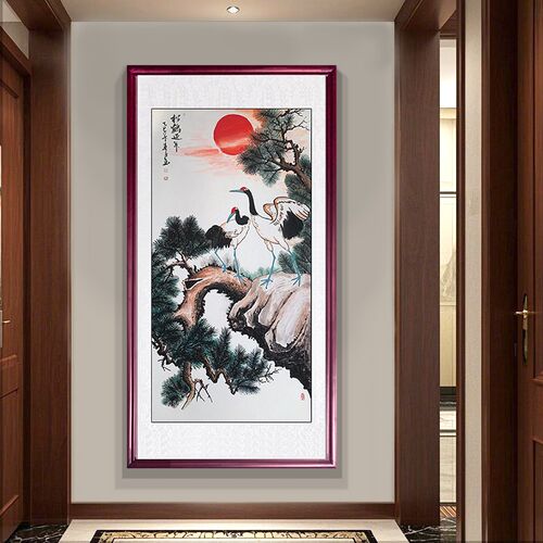 热销松鹤延年客厅挂画p新中式玄关装饰画入户走廊农村别墅过道手