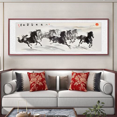 热销八骏图马到j成功纯手绘客厅装饰画新中式沙发后挂画办公室水