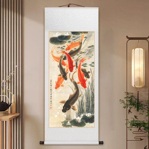 热销九鱼图新中式卷轴挂画v九鲤图年年有余客厅饭厅玄关书房茶室