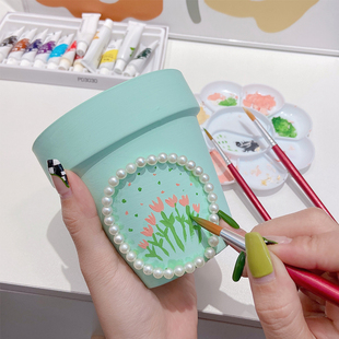 速发儿童花盆手绘迷烧陶瓷幼儿园多肉植包素你透气画画上色物邮