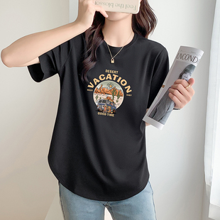 速发20气4夏黑新款弧形上衣季色洋2印花宽松t恤半袖打底衫