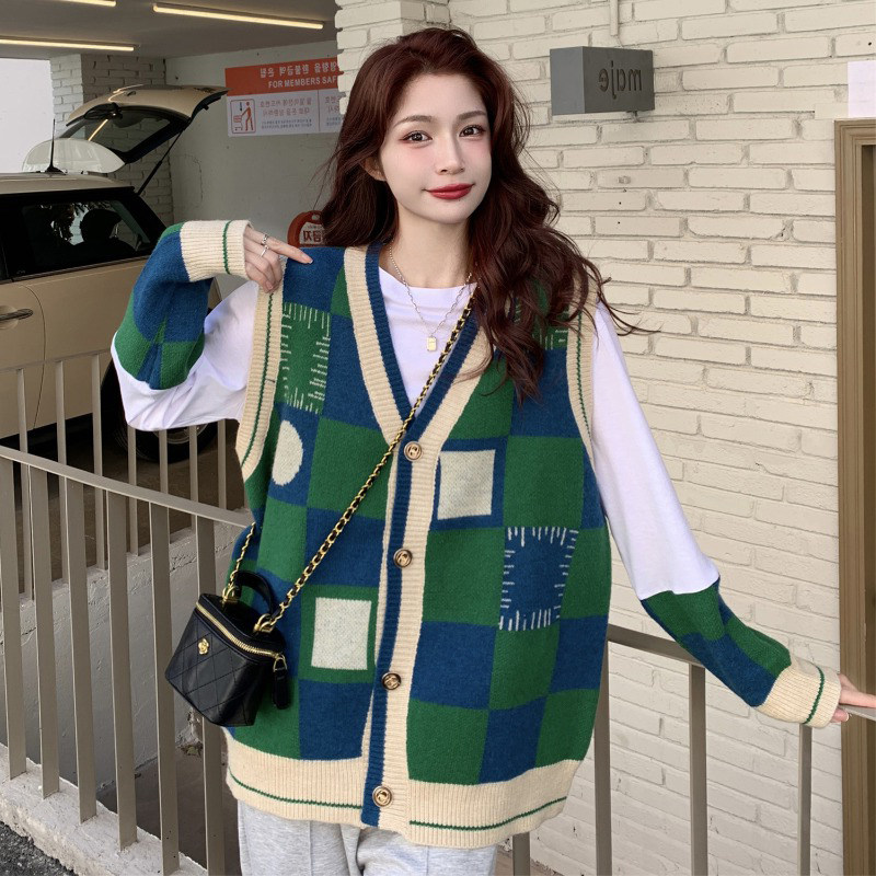 速发大尺码T马复古撞色长袖美恤棋盘格外搭毛衣式甲两件式套装
