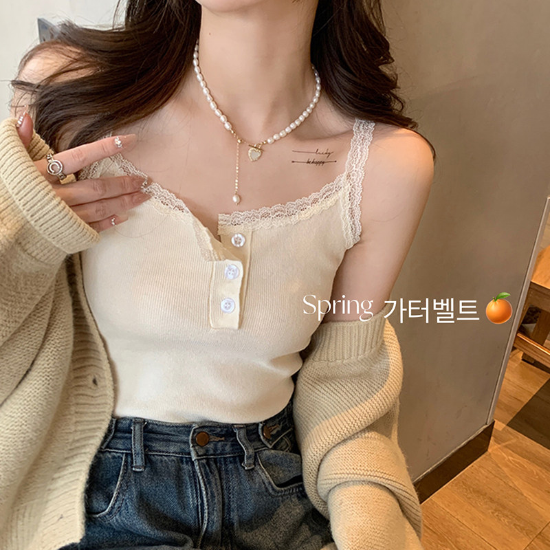 速发温纯小吊带背心内搭白色针织外穿蕾丝打底黑色法式别致欲柔上