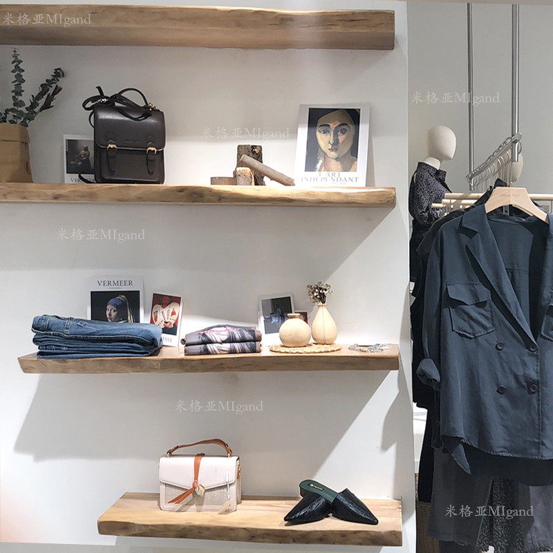 速发服装店实木一字隔板鞋包店墙上展示架饮料店置物架壁挂自然边