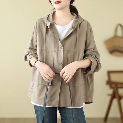 速发纯帽休闲水色棉连洗风衣外套春秋妈妈宽松百搭长袖开衫大码上