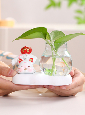 现货速发可爱招财猫摆件茶桌植物玻璃花瓶水培器皿插花小摆设工位