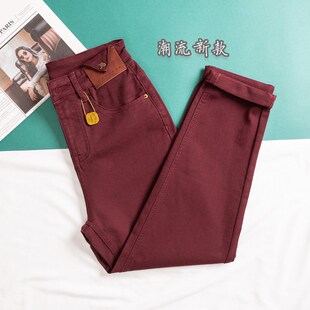 速发玛脚红新品宽松牛仔裤小瑙哈伦裤春秋红色新款拉力安可弹红垮