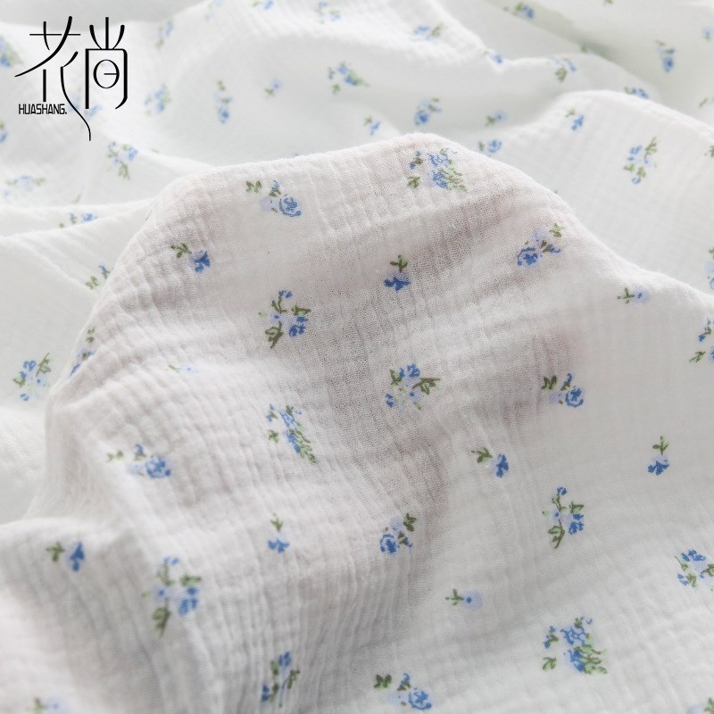 速发全棉双层绉布纱布蓝色小碎花 双层棉纱布家居服睡衣面料 童装