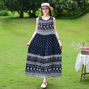 速发4022沙款海边度假新滩裙民族风背心裙高级感棉绸连衣裙大摆