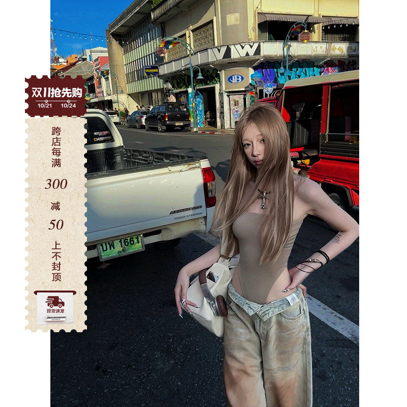 速发莫肩欣美式 辣妹一字欣吊背带心镂空收腰性感抹胸连体上衣