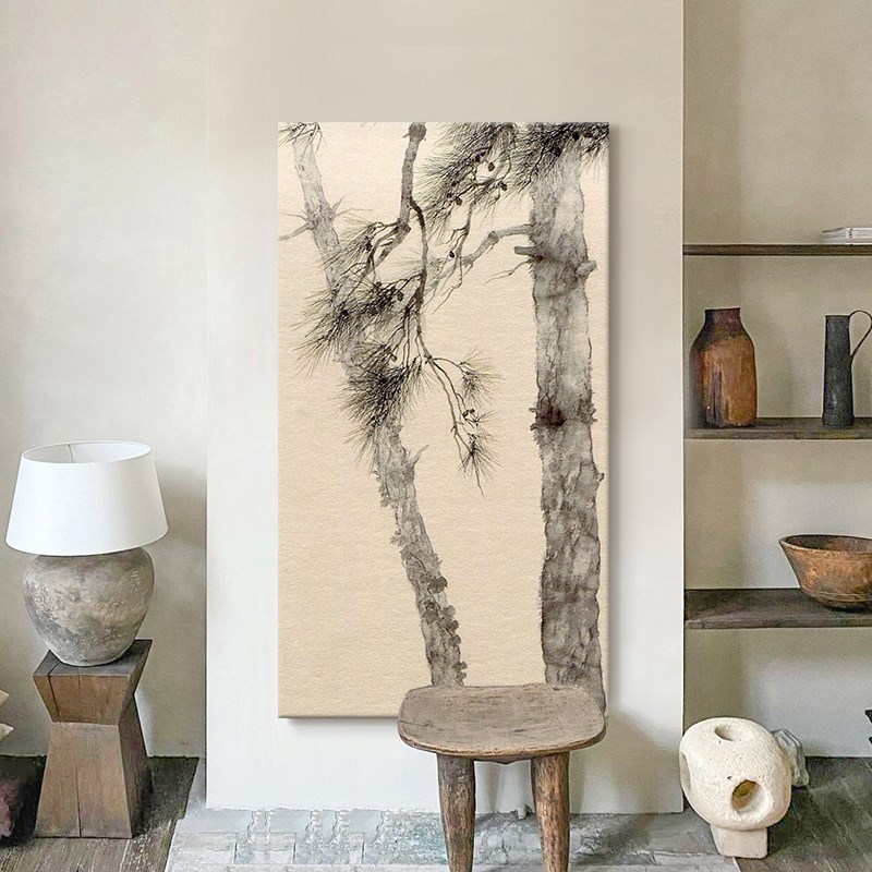 速发新中式迎客松纯手绘油画玄关装饰画客厅餐厅抽象丙烯植物肌理图片