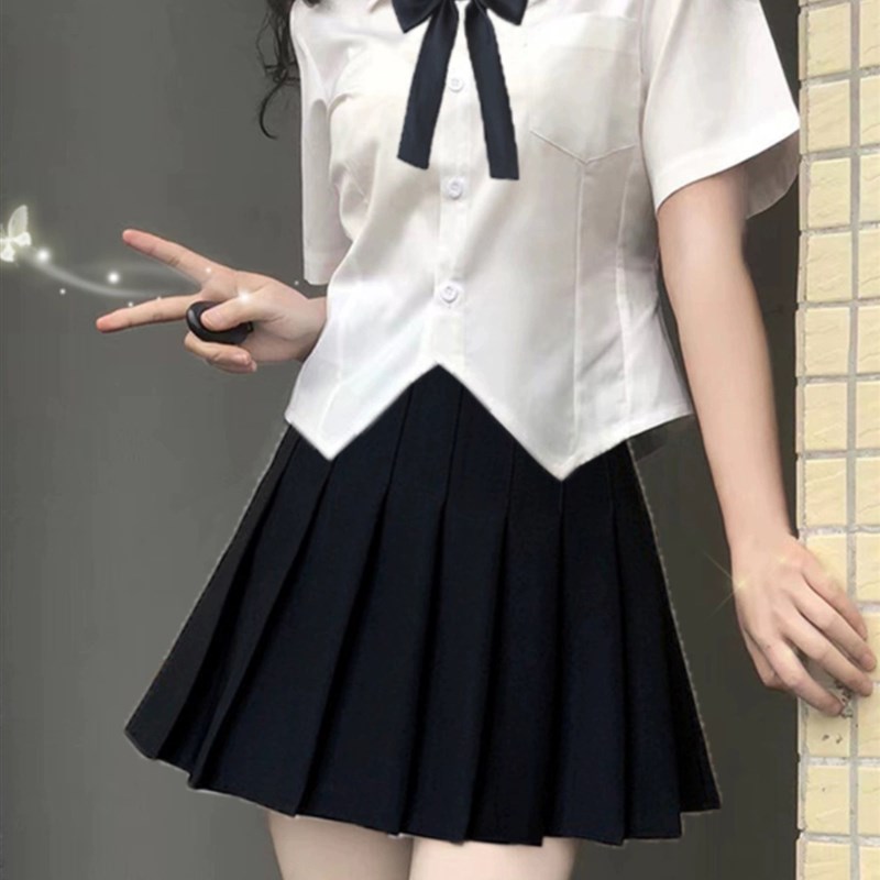 速发学院风小个件jk制服套装学生夏收腰褶衬衣百白裙两子套