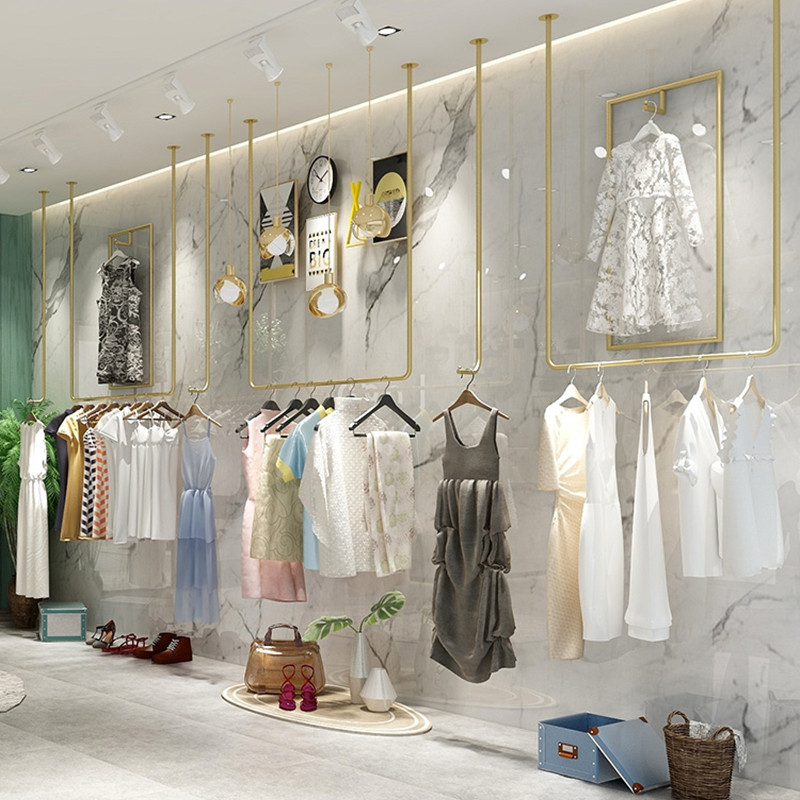 速发墙约金色服装店展示架服装架落地式装店货架上简挂衣架吊架