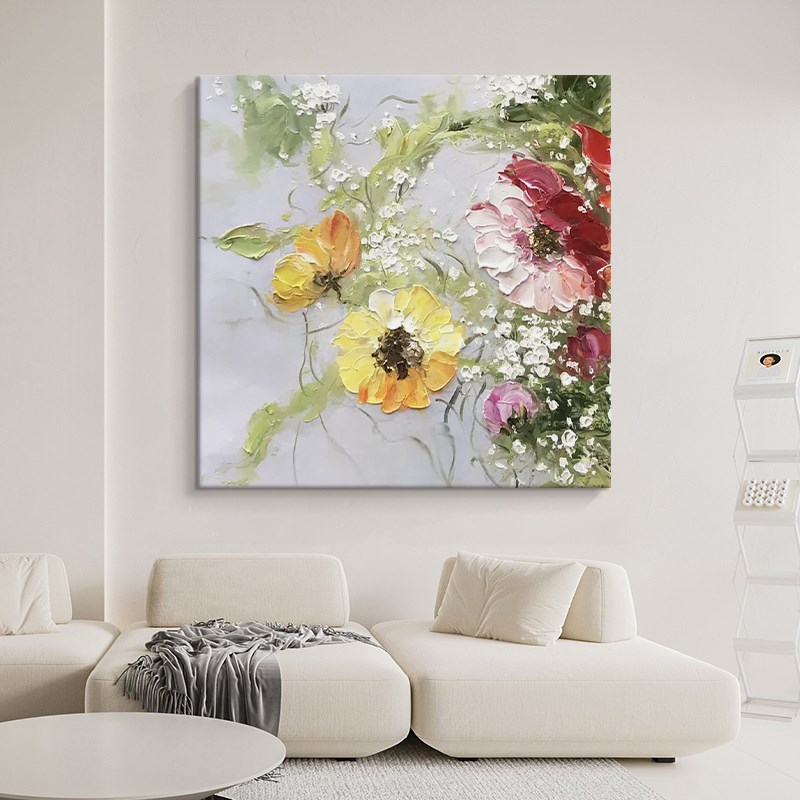 速发繁花似锦纯手绘油画玄关装饰画客厅抽象立体花卉厚肌理画方形图片