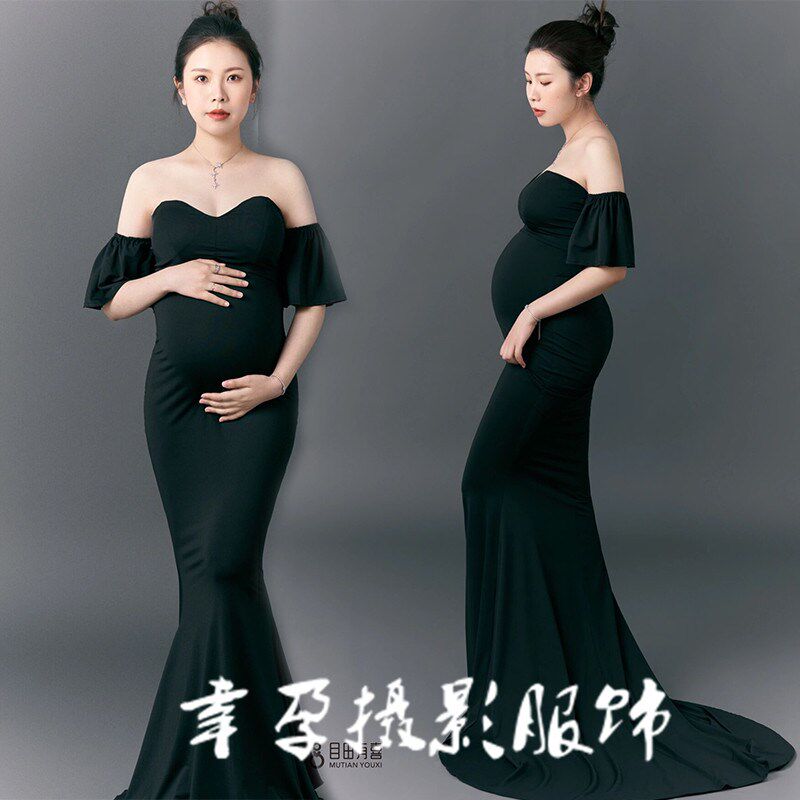 速发影楼主拖新款孕妇照服装黑色礼感抹胸题尾性服摄影孕期衣服在
