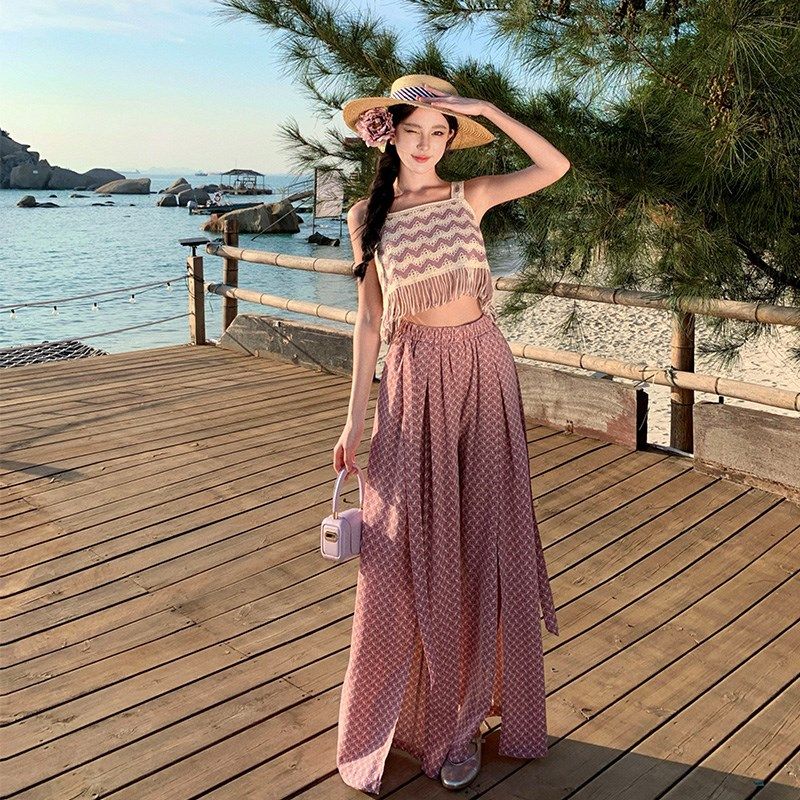 速发腿沙滩裤海边度假显白印花高裤子长腰垂感阔亚裤休闲套装