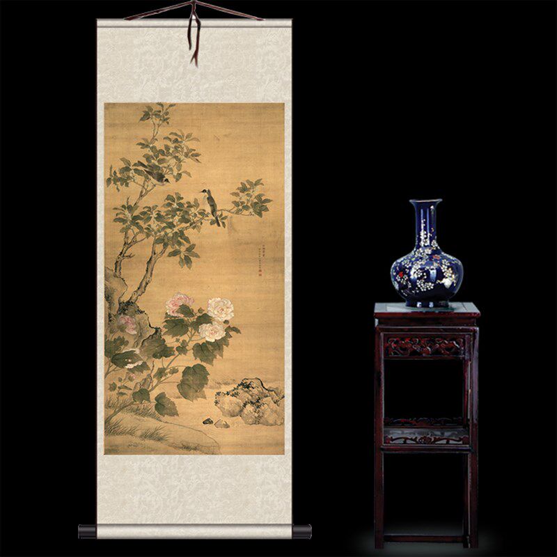 现货速发马荃白头荣贵仙鹤图三开泰花鸟画丝绸画卷轴画客厅家居装