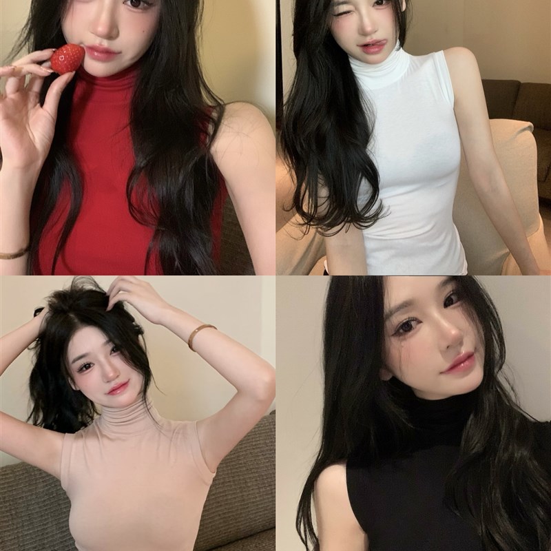 速发半辣妹性感无袖甜高领小背心装欲季新款纯夏打底衫红色别致上