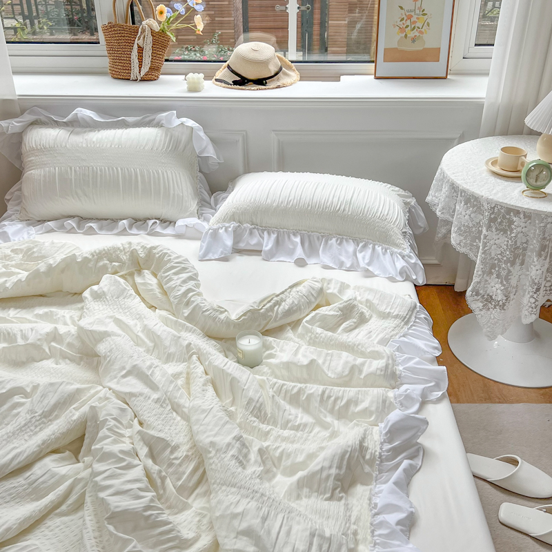 速发文艺少慵懒泡泡纱水被棉夏凉被花边夏洗四件1单双人套.8