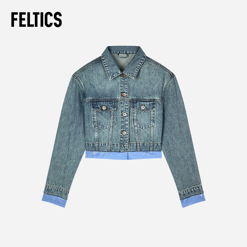 FELTICS翻领拼接假两件牛仔外套