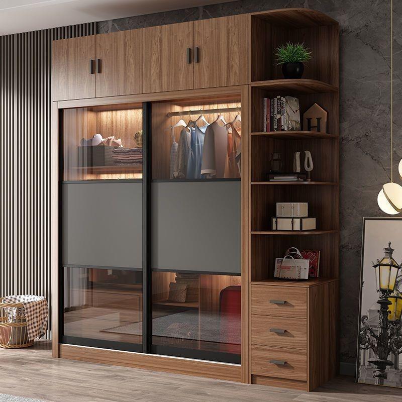 带简约组装北欧高推拉门组合家用玻璃门卧室家具衣橱大衣柜灯现代