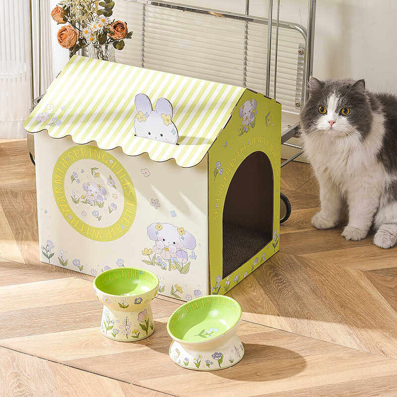 绿兔子猫抓板可爱瓦楞纸宠物纸箱屋猫抓板一体猫窝盒子卡通猫抓屋